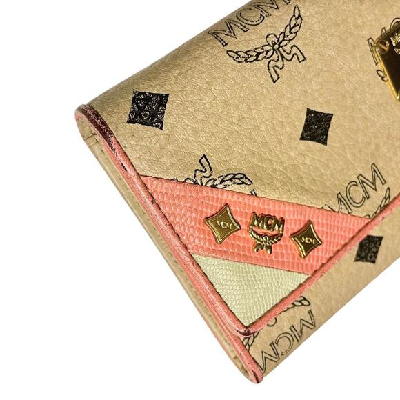 Authentic VTG MCM Monogram Visetos Lizard Continental Trifold Wallet Pink/Beige - Picture 8 of 8